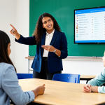 A diverse group of students, young adults of varying ethnicities, engaged in an interactive Spanish language lesson in a bright, modern classroom. A female teacher, wearing a professional and modest blazer over a blouse, facilitates the discussion while pointing to a large, clear digital display showing a communication exercise. Students are fully clothed in appropriate, casual school attire, actively participating, some utilizing tablets for collaborative work. The classroom features flexible seating, natural light, and digital learning tools. This scene depicts collaborative and effective language learning. Perfect anatomy, correct proportions, natural pose, well-formed hands, proper finger count, natural body proportions. Safe for work, appropriate content, fully clothed, professional, modest, family-friendly, high-quality photography.