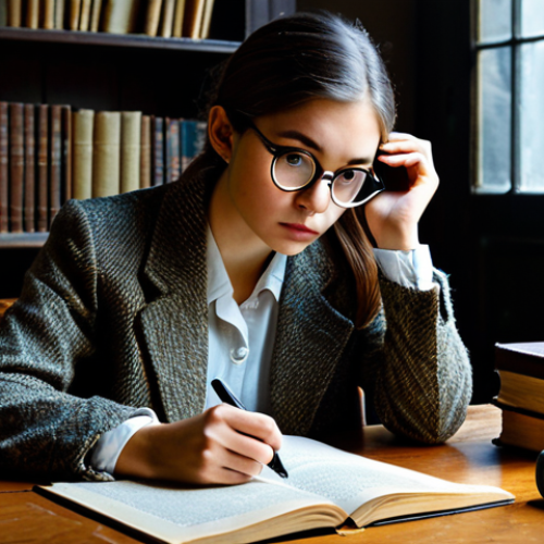 Home 22 The Literary Detective**
"A young woman sits at a large wooden desk, surrounded by stacks of old books and papers. She is wearing a tweed jacket and glasses, peering intently at a page with a magnifying glass. The room is dimly lit, with a warm, inviting atmosphere. safe for work, appropriate content, fully clothed, professional, perfect anatomy, natural proportions, modest clothing, study environment"
**