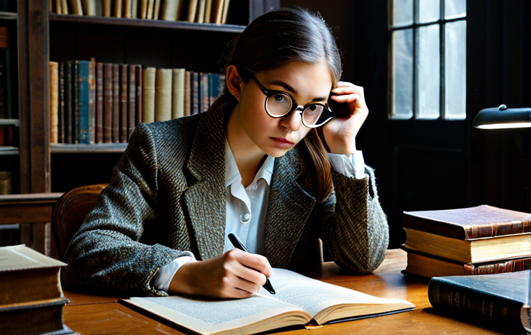 The Literary Detective**

"A young woman sits at a large wooden desk, surrounded by stacks of old books and papers. She is wearing a tweed jacket and glasses, peering intently at a page with a magnifying glass. The room is dimly lit, with a warm, inviting atmosphere. safe for work, appropriate content, fully clothed, professional, perfect anatomy, natural proportions, modest clothing, study environment"

**