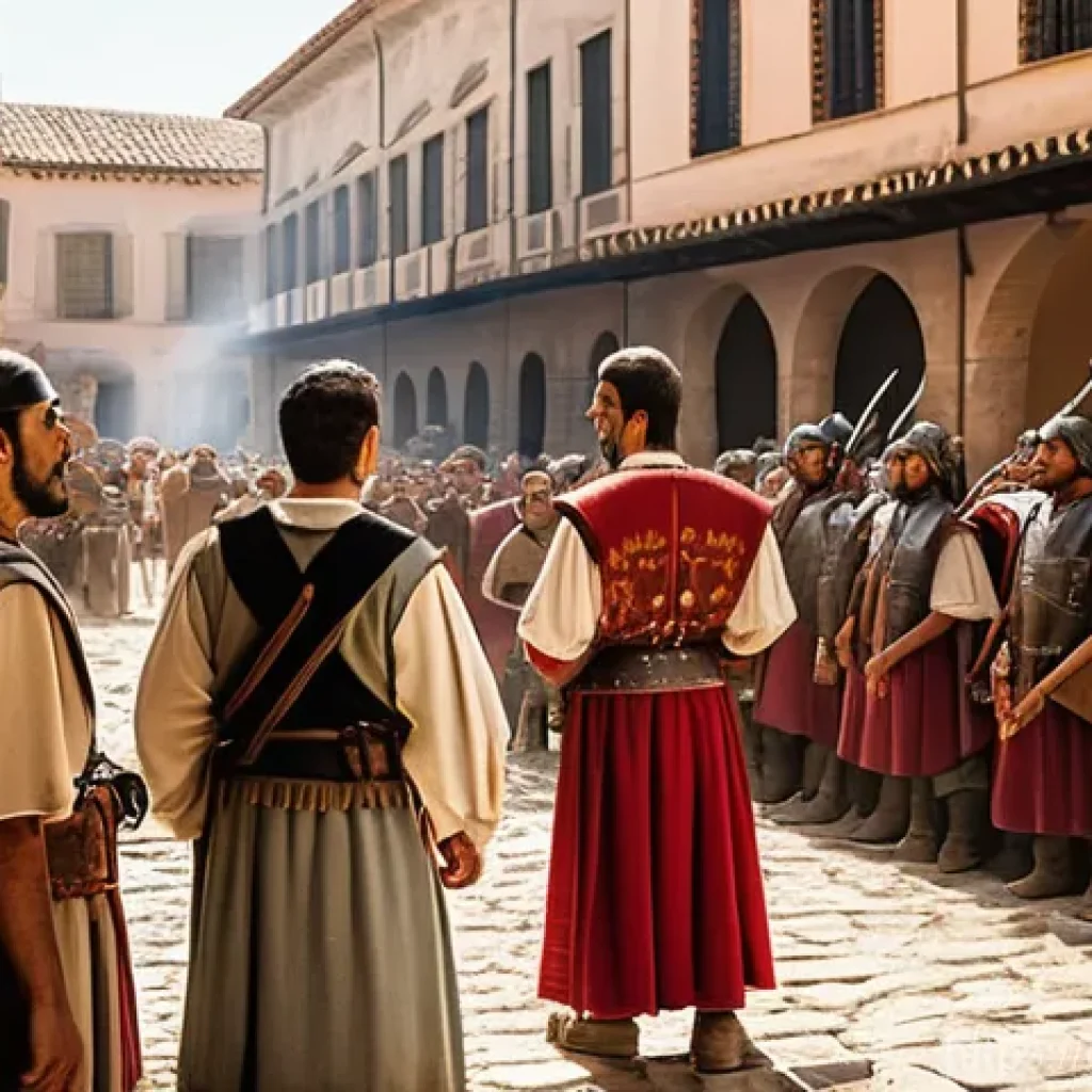 국어 문법의 역사적 변화 - **Prompt:** A vibrant, historically accurate scene depicting the early foundation of the Spanish lan...