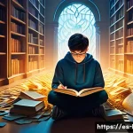 국어 논술 작성법 - A vibrant, imaginative scene depicting a young adult (around 16-18 years old) in a brightly lit, eth...