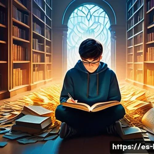 Home 7 국어 논술 작성법 - A vibrant, imaginative scene depicting a young adult (around 16-18 years old) in a brightly lit, eth...