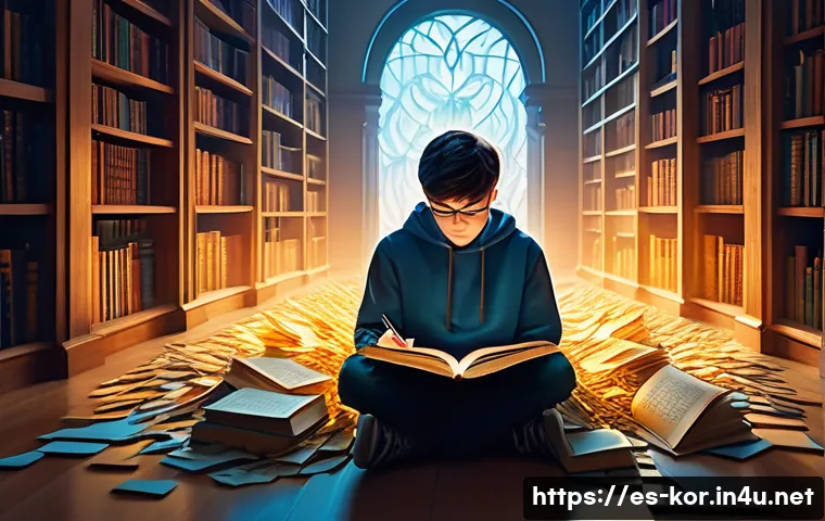 국어 논술 작성법 - A vibrant, imaginative scene depicting a young adult (around 16-18 years old) in a brightly lit, eth...