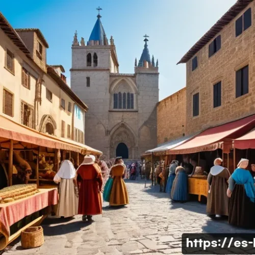 국어 문학사 개요 - A vivid medieval marketplace scene in a Spanish town, featuring a lively crowd dressed in period-app...