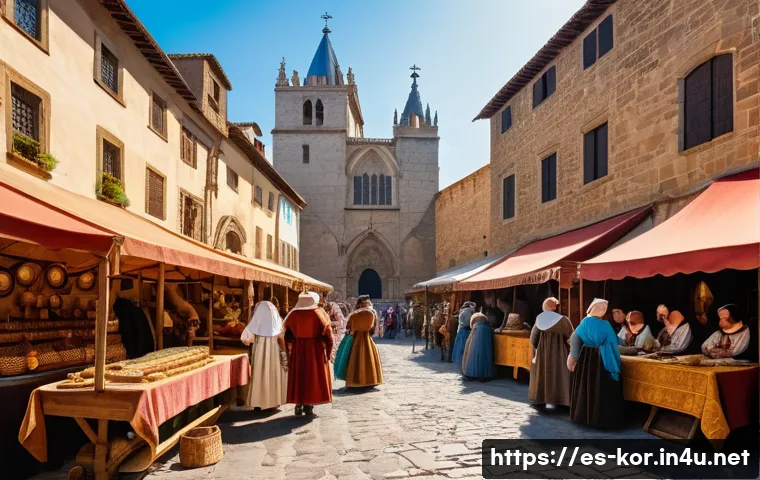 국어 문학사 개요 - A vivid medieval marketplace scene in a Spanish town, featuring a lively crowd dressed in period-app...