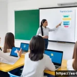 Home 22 한글 맞춤법 최신 개정안 - A modern Spanish classroom scene with diverse students attentively learning orthographic changes, fe...