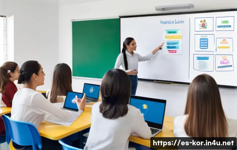 한글 맞춤법 최신 개정안 - A modern Spanish classroom scene with diverse students attentively learning orthographic changes, fe...