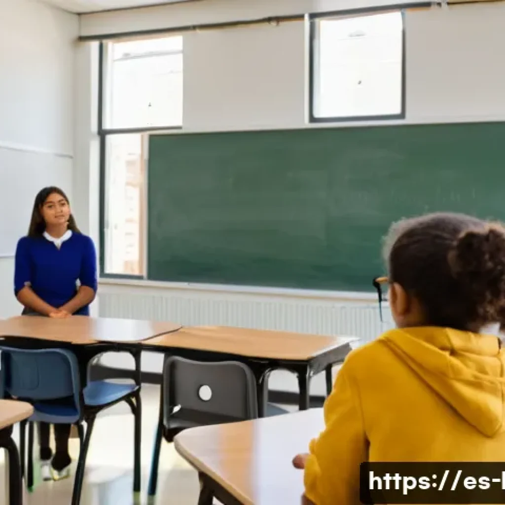 국어 교육과 윤리적 사고 - A diverse group of high school students in a bright, modern Spanish-language classroom engaged in a ...