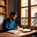 Home 18 국어 작문 스타일 분석 - A cozy creative writing workspace with a Spanish-speaking writer in their 30s, sitting at a wooden d...