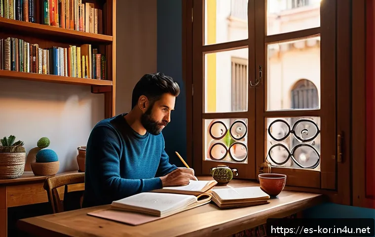 국어 작문 스타일 분석 - A cozy creative writing workspace with a Spanish-speaking writer in their 30s, sitting at a wooden d...