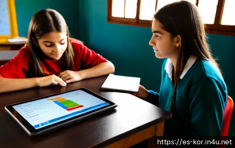 Home 17 국어 학습에서의 빅데이터 활용 - Photorealistic Spanish secondary school classroom, experienced teacher reviewing anonymous learning ...